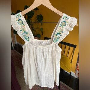 Madewell Flowy Crop Top Embroidered Cap Sleeves Size Medium white floral green